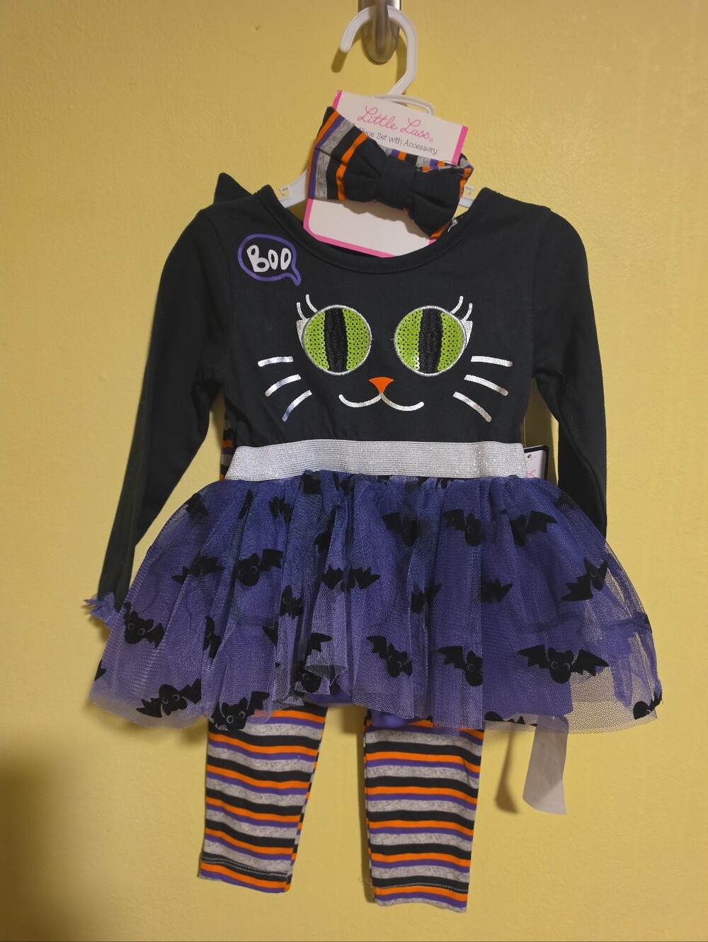 NWT Halloween Black Cat 2 Piece Outfit Girls Size 2T Tutu Headband Little Lass